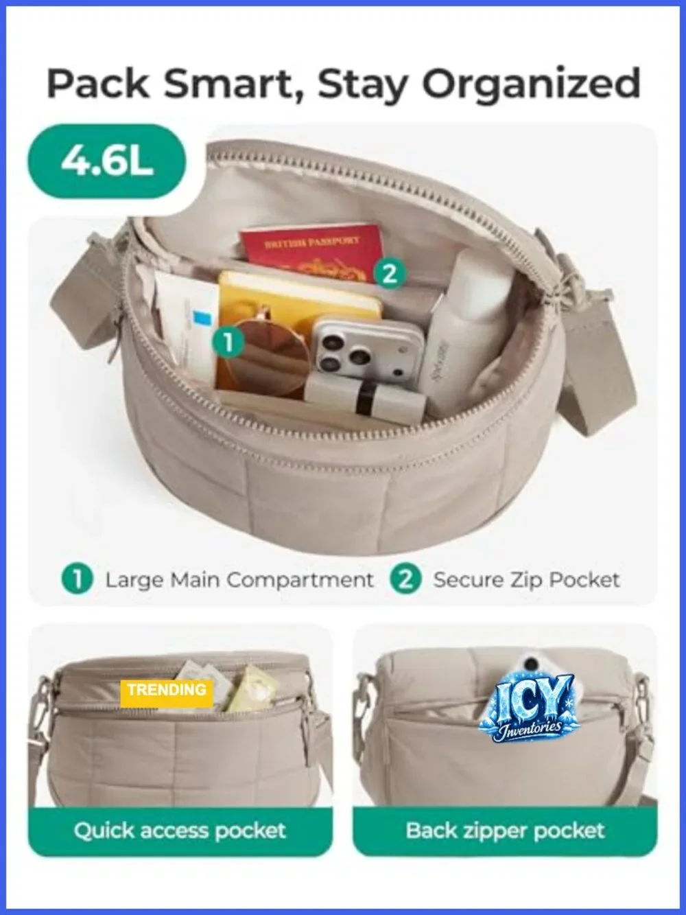 Quilted Nylon Puffer Crossbody Bag with Detachable Pouch, Adjustable Strap